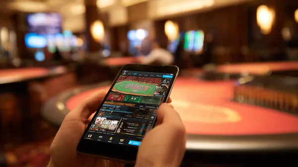 A young woman relaxing with her phone while dynamic casino elements float around her, illustrating the smooth mobile experience offered by the VK8 app.